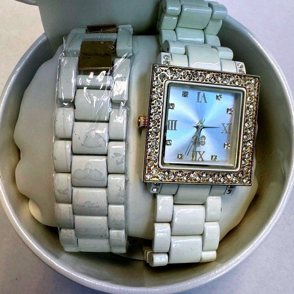 Curations Womens White Square Rhinestone Watch and Matching Bracelet Set CUR104